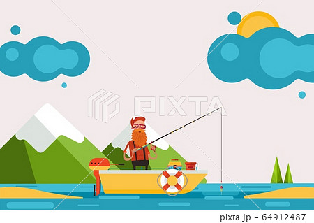 Man on boat with motor engaged in fishing, vector illustration. Character in picturesque place hold fishing rod and catch fish 64912487