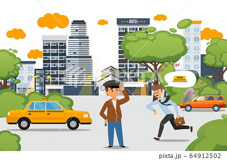 Taxi set, man character late for work and uses driver service. Guy in cap standing by yellow checkered car,vector illustration 64912502