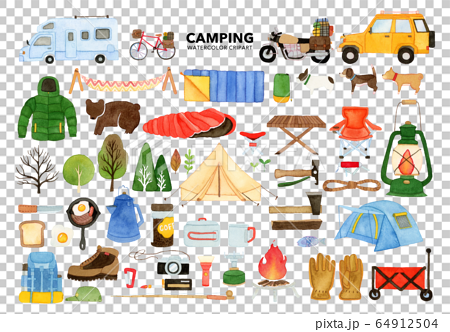 手描き水彩｜camping clipart 水彩イラストセット（キャンプ ギア） 64912504