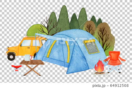 手描き水彩 キャンプ テント イラストのイラスト素材