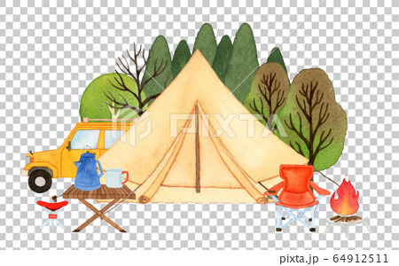 手描き水彩 キャンプ グランピング ティピー テント イラストのイラスト素材