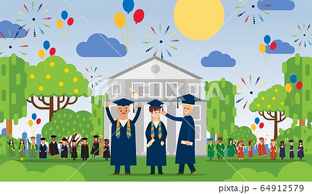 Graduation people vector illustration in front university building graduates different age in mantle, hat. Happy people jump 64912579