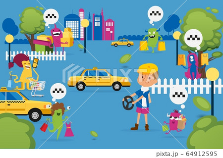 christmas monsters shopping and looking for taxi, vector illustration. beasts with purchases, paper bag looking for yellow car. 64912595