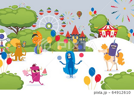 Christmas monsters having fun at festival, vector illustration. Strange character with tentacles, horns walk down street, ride pony 64912610