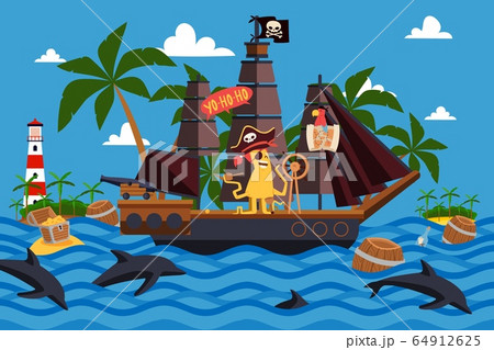 Christmas monsters on a pirate ship vector illustration. One-eyed ship captain with tentacles stand at helm. Character monster 64912625