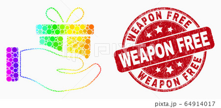 Vector Rainbow Colored Pixelated Gift Hand Icon and Grunge Weapon Free Seal 64914017