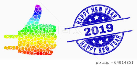 Vector Spectral Pixelated Thumb up Adapter Icon and Scratched Happy New Year 2019 Seal 64914851