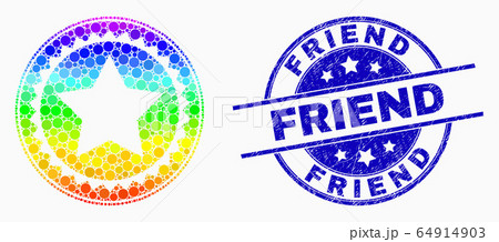Vector Rainbow Colored Dot Star Seal Stamp Icon and Grunge Friend Seal Vector Rainbow Colored Dot Star Seal Stamp Icon and Grunge Friend Seal 64914903