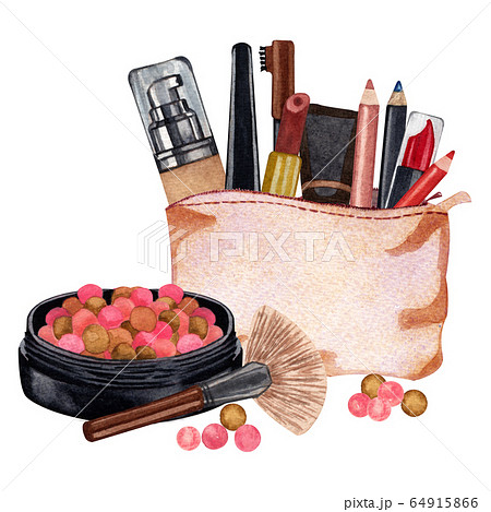 Watercolor make up products. Hand drawn cosmetics set of make up brushes, lipstick, pencils in a cosmetics bag and powder pearls on white background. Watercolor make up products. Hand drawn cosmetics set of make up brushes, lipstick, pencils in a cosmetics bag and powder pearls on white background. 64915866