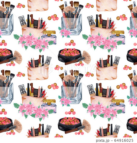 Watercolor make up seamless pattern.Hand drawn seamless cosmetics pattern with lipstick, eye shadows, powder, cosmetics texture, brushes, mascara on white background 64916025
