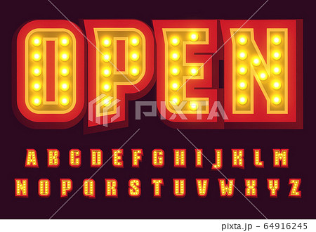 Red letters set with bright lightbulb . Illuminated broadway style alphabet. Font for casino, circus, cinema, gambling club, open signboard, restaurant and party banner. Vector typography design 64916245