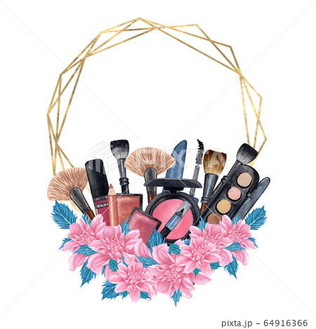 Hand drawn decorative cosmetics frame. Watercolor make up products. Beauty background. Make up clip art Hand drawn decorative cosmetics frame. Watercolor make up products. Beauty background. Make up clip art 64916366