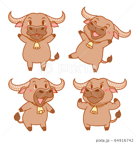 Set of cute cartoon buffalo in different poses. 64916742