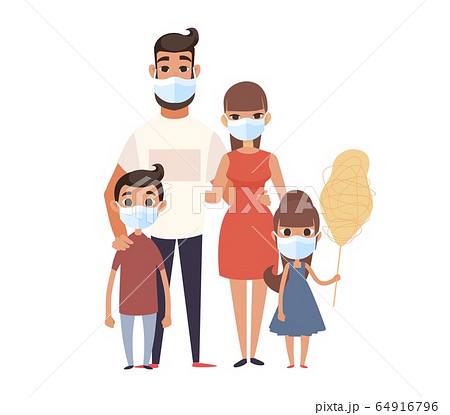 Family wearing face mask. Prevent virus Covid-19. Coronavirus protect concept. People safety corona virus 64916796