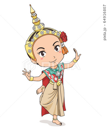 Cartoon character of traditional Thai dancer girl. Cartoon character of traditional Thai dancer girl. 64916807
