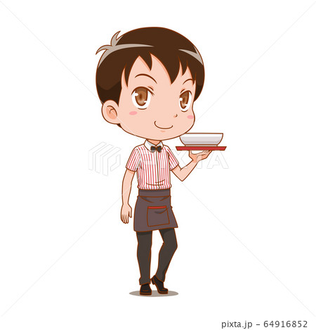 Cartoon Character Of Waiter Holding A Serving のイラスト素材
