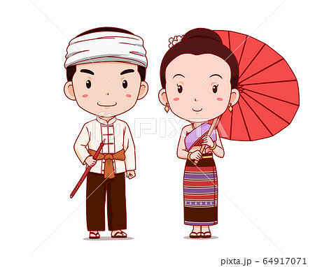 Cute Couple Of Cartoon Characters In Thai Lanna のイラスト素材
