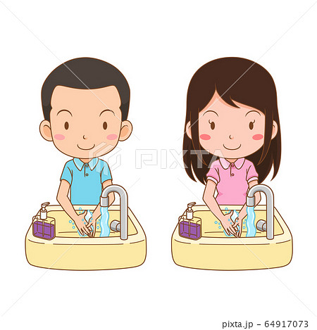 Cartoon character of cute boy and girl washing hand. 64917073