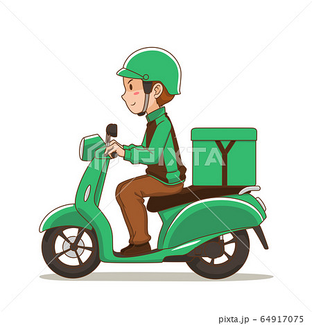 Cartoon character of food delivery man riding green motorcycle. Cartoon character of food delivery man riding green motorcycle. 64917075