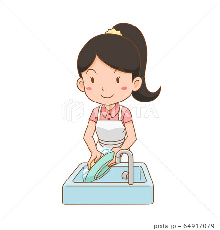 Cartoon character of woman washing dish. 64917079