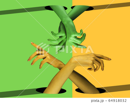 Bright painted hands touching by fingers. Contemporary art collage. Bright painted hands touching by fingers. Contemporary art collage. 64918032