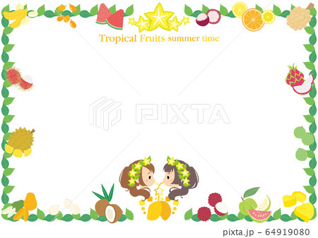 女子旅とトロピカルフルーツのフレーム　白背景 64919080