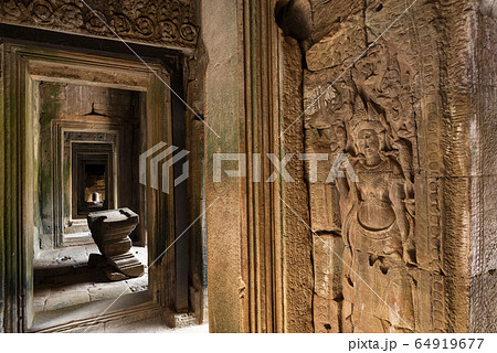 Apsara engraving on a wall inside Bayon Temple hallway, Angkor Thom, Siem Reap, Cambodia 64919677