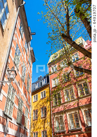 Narrow street in Stockholm. The old town (gamla stan) of the Swedish capital.  64919707