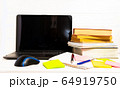 Home office concept. Work from home. Black laptop and books on the white wooden background. Side view.  64919750