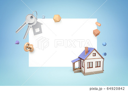 3d rendering of white copy space with a small cottage standing beside and geometric shapes and house keys flying around on light blue background. 64920842