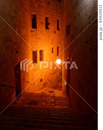 Chanuka lights on old jerusalem city street 64920915