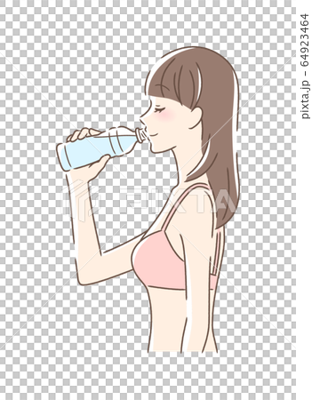 一個女人喝寵物瓶裝水的側面 一個女人喝寵物瓶裝水的側面 64923464