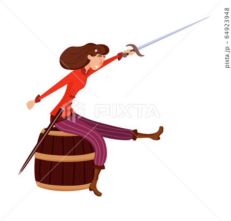 Female pirate character sitting at barrel table 64923948