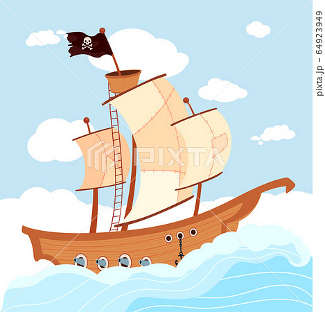 Cartoon pirate ship with black flag sailing in sea 64923949