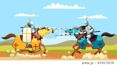 Two medieval armed knights galloping on horseback Two medieval armed knights galloping on horseback 64923956
