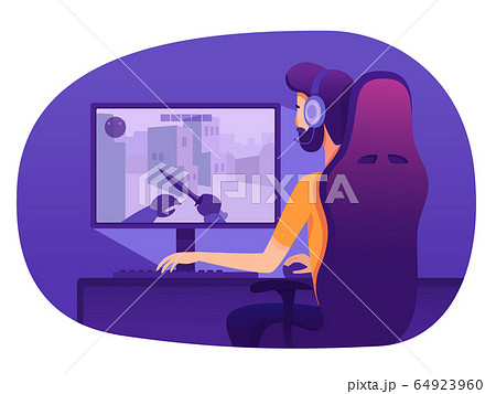 Man in headset playing video game at computer 64923960