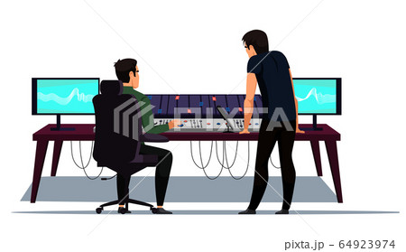 Sound music recording and creation studio at work. Record producer audio engineer workplace. Different equipment for capturing, mixing, mastering song isolated on white. Vector illustration. Sound music recording and creation studio at work. Record producer audio engineer workplace. Different equipment for capturing, mixing, mastering song isolated on white. Vector illustration. 64923974