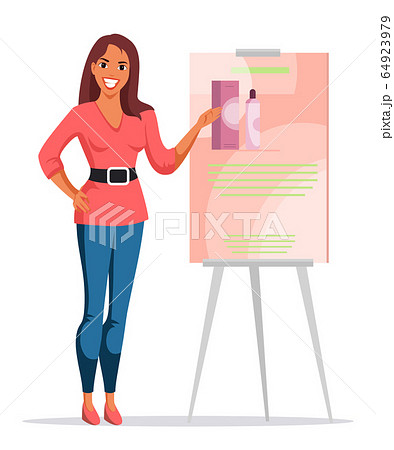 Woman presenting new cosmetics product on white 64923979