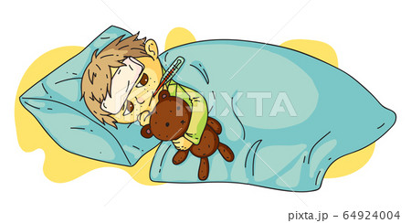 Sick boy with fever lying in bed under blanket 64924004