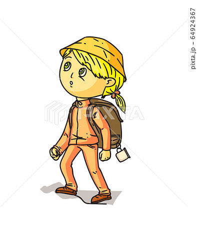 Cartoon girl hiker with backpack on white Cartoon girl hiker with backpack on white 64924367