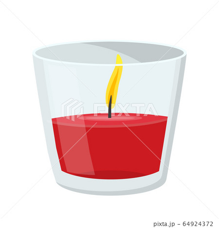 Burning red wax candle in transparent glass jar Burning red wax candle in transparent glass jar 64924372