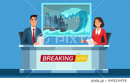 Live breaking news flat illustration. TV studio interior vector illustration. Television news program presenters cartoon characters. Disaster, catastrophe tidings. Broadcast announcing. Live breaking news flat illustration. TV studio interior vector illustration. Television news program presenters cartoon characters. Disaster, catastrophe tidings. Broadcast announcing. 64924456