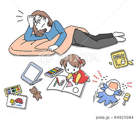 子育て 体調不良でも休めない母親のイラスト 子育て 体調不良でも休めない母親のイラスト 64925084