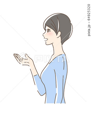 笑顔で手を差し出す女性の横顔のイラスト素材