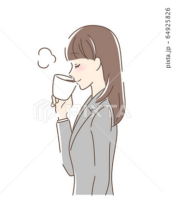 マグカップのコーヒーを飲む女性の横顔のイラスト素材