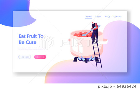 Man Cooking Homemade Fruit Jam or Marmalade Website Landing Page. Tiny Male Character Standing on Ladder at Huge Pan Stirring Sweet Boiling Water Web Page Banner. Cartoon Flat Vector Illustration 64926424