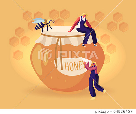 Beekeeping Industry Concept. Tiny Male and Female Beekeepers Characters in Uniform Sitting on Huge Glass Jar with Honey and Bee on Yellow Background with Honeycombs. Cartoon Flat Vector Illustration 64926457