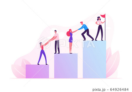 Business Team Climbing Up Column Chart with Leader Stand with Hoisted Red Flag on Top. Businessmen Pull Teammates Businesswomen to Peak Teamwork and Leadership Concept Cartoon Flat Vector Illustration 64926484