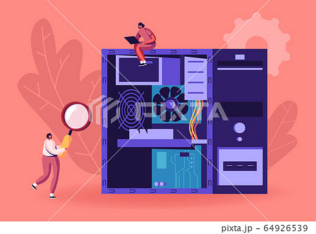 Computer Troubleshooting Fixing Service Concept. Technical Support Girls Working on Repairing Computer Hardware and Software. Women Searching Problem in Pc and Laptop. Cartoon Flat Vector Illustration 64926539