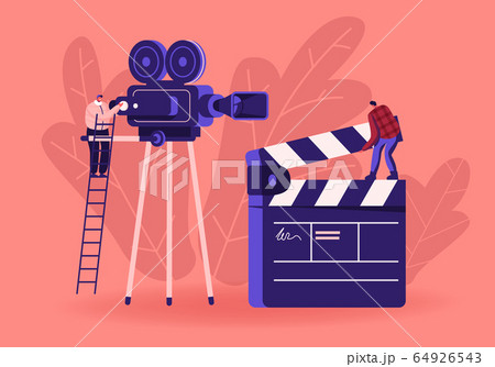 Cinema and Cinematography Industry Concept with Moviemakers and Videocamera. Operator Shooting Scene on Camcorder, Assistant with Clapper Indicating Numbers of Takes Cartoon Flat Vector Illustration 64926543